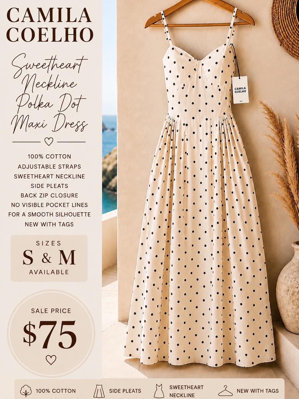 Camila Coelho Cream Polka Dot Sweetheart Maxi Dress